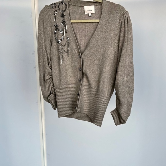 CINQ A SEPT Cardigan Rhinestone Embellished Oatmeal Beige Ruched Sleeve XS - Picture 6 of 6
